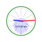 An analog clock with a green rim, light grey ticks, a lilac center, red and blue hands and the digital time 9:14:30 am inside the face