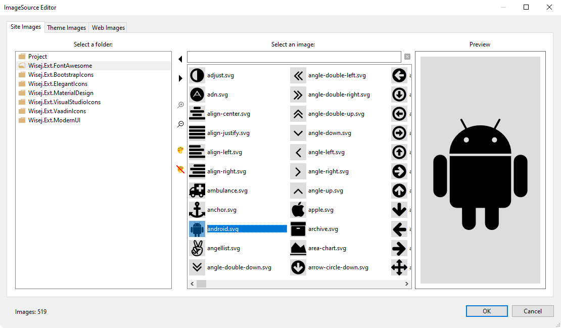 The ImageSource editor in Visual Studio with the icon packs listed as folders, the FontAwesome icons in the middle and a large preview of the Android icon on the right