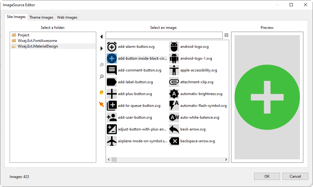 The ImageSource Editor in Visual Studio with the Wisej.Ext.MaterialDesign icon pack selected, showing its icons and a preview