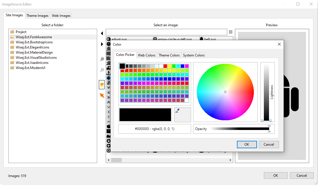 The color picker opened from the ImageSource editor, showing a palette, a color wheel, a lightness slider and an opacity slider