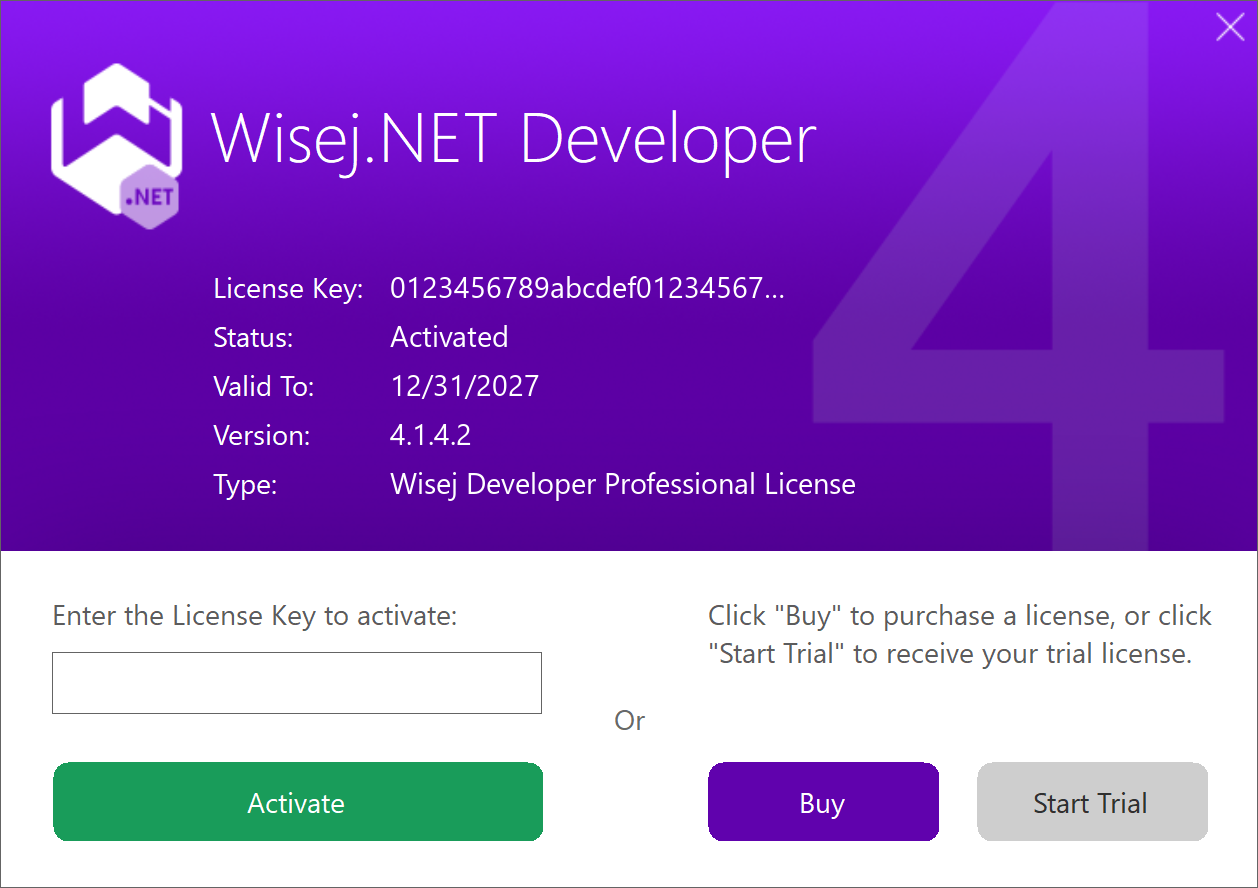 The Wisej.NET Developer license panel, showing the active license's key, status, expiration, version and type, with the key field and the Activate, Buy and Start Trial buttons
