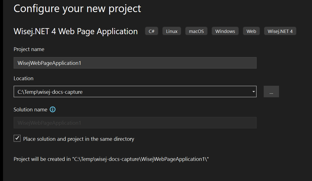 The Configure your new project page with the project name and location filled in