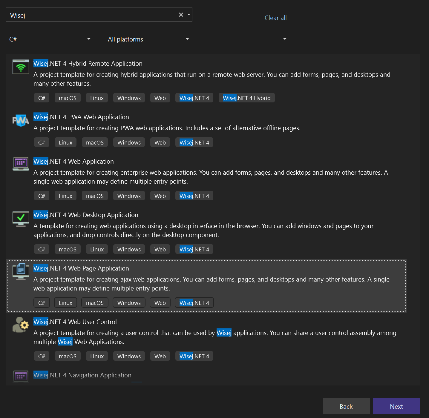 The Create a new project dialog filtered on Wisej, listing the Wisej.NET 4 project templates