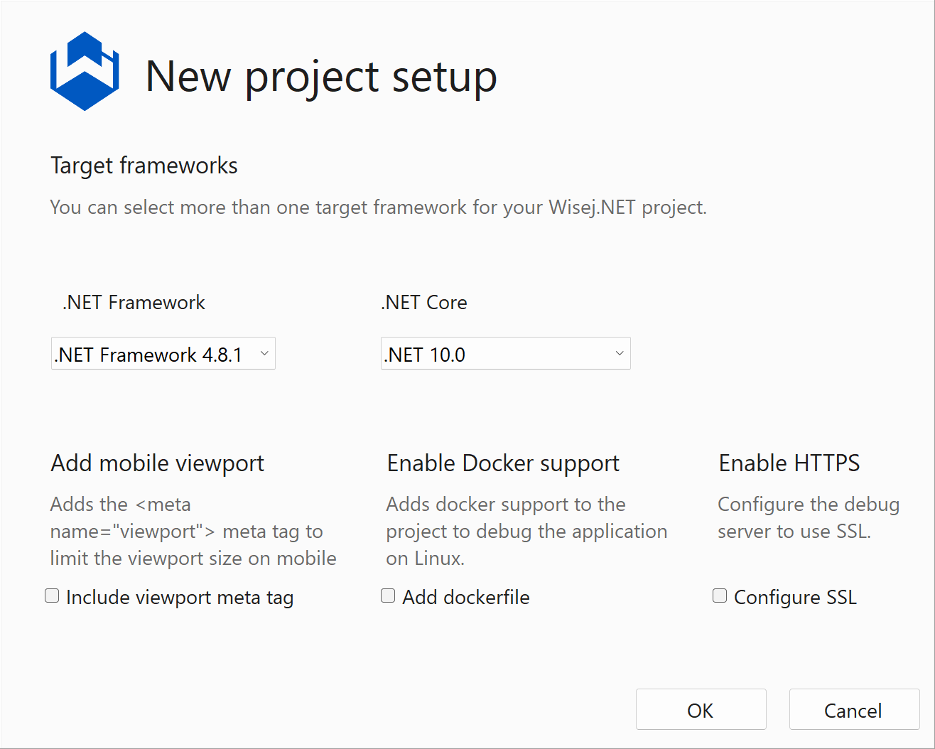 The New project setup wizard with .NET Framework 4.8.1 and .NET 10.0 selected and the three options unchecked
