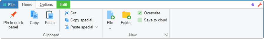 A RibbonBar with File, Home, Options and Edit tabs. The Home page shows a Clipboard group with Pin, Copy, Paste, Cut, Copy special and Paste special, and a New group with File, Folder, Overwrite and Save to cloud