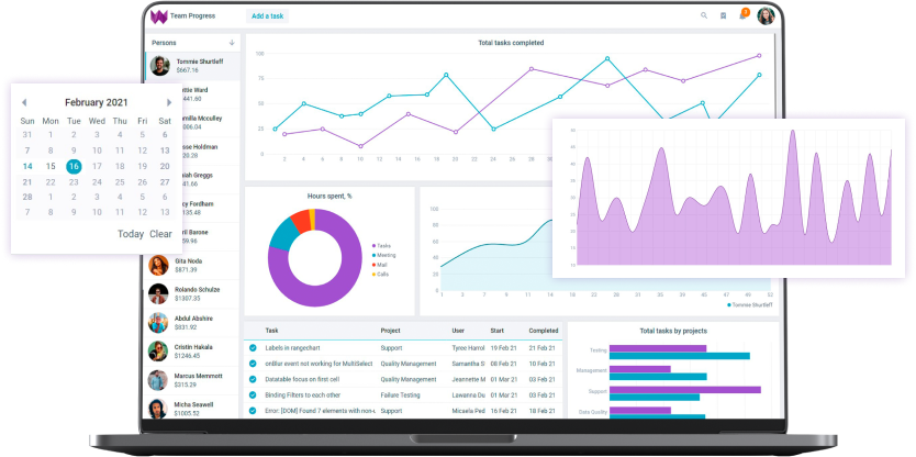 A Webix dashboard on a laptop screen: task list, line, area, doughnut and bar charts and a calendar