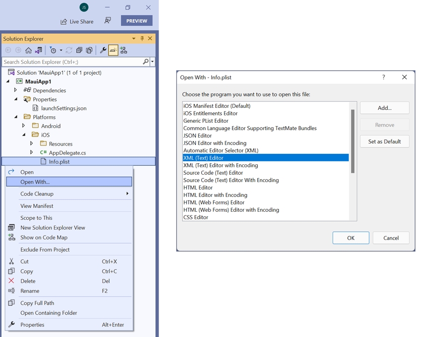 Screenshot of left context menu with the open menu item selected. On the right is the window Visual Studio, X M L (text) editor is highlighted.